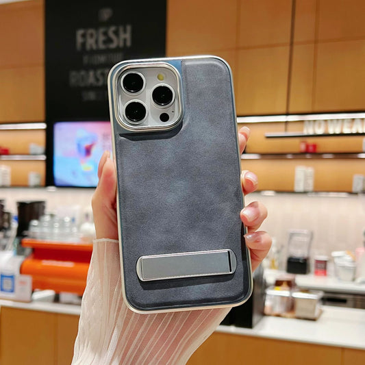 New Electroplating Metal Bracket Leather Phone Case for iPhone