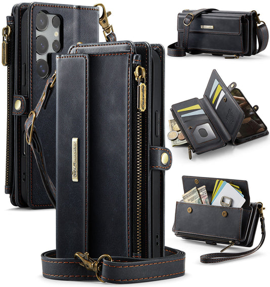 New RFID Blocking Zipper Wallet Supports Wireless Charging with Long and Short Lanyard Leather Phone Case for Samsung