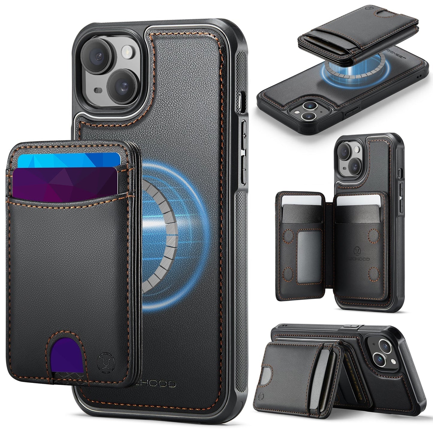 New 2-in-1 RFID Blocking Card Holder Leather Phone Case for iPhone 15