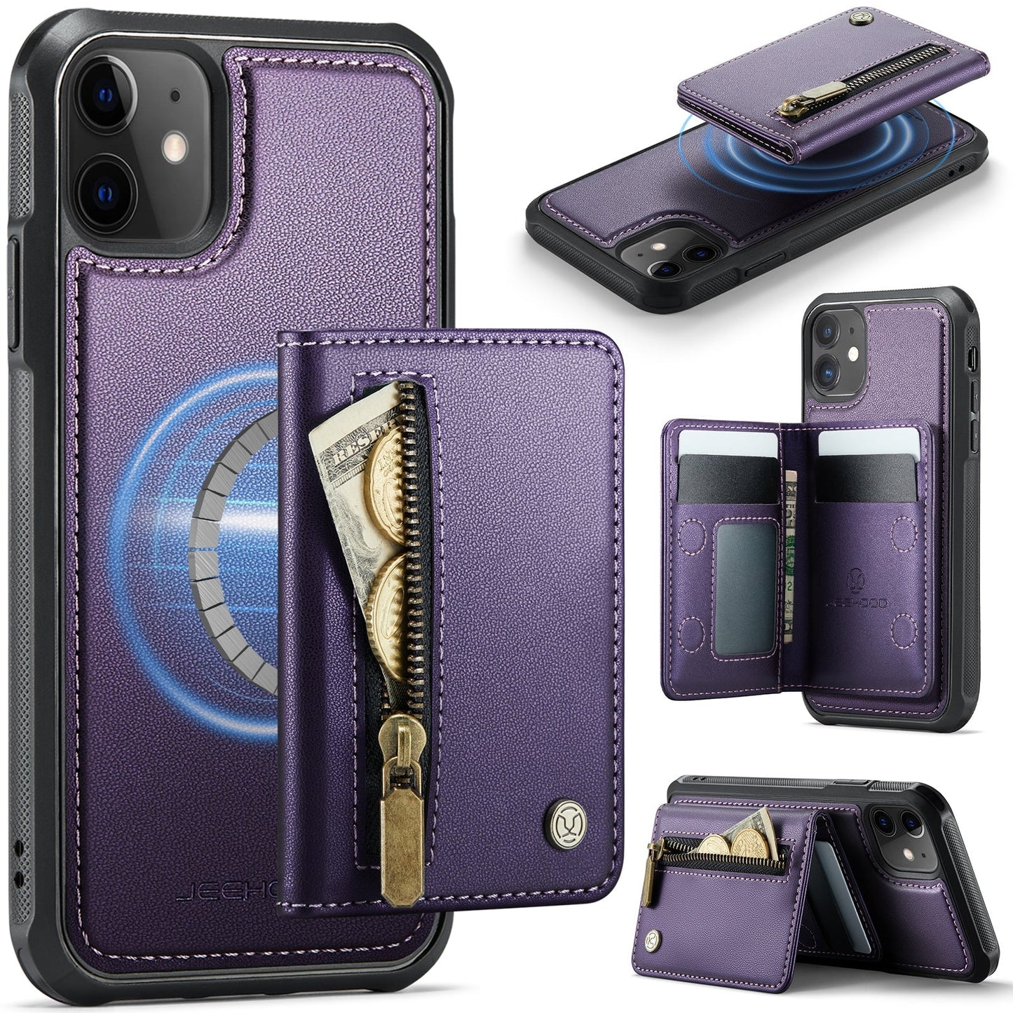 New 2-in-1 RFID Blocking Zipper Wallet Leather Phone Case for iPhone 12