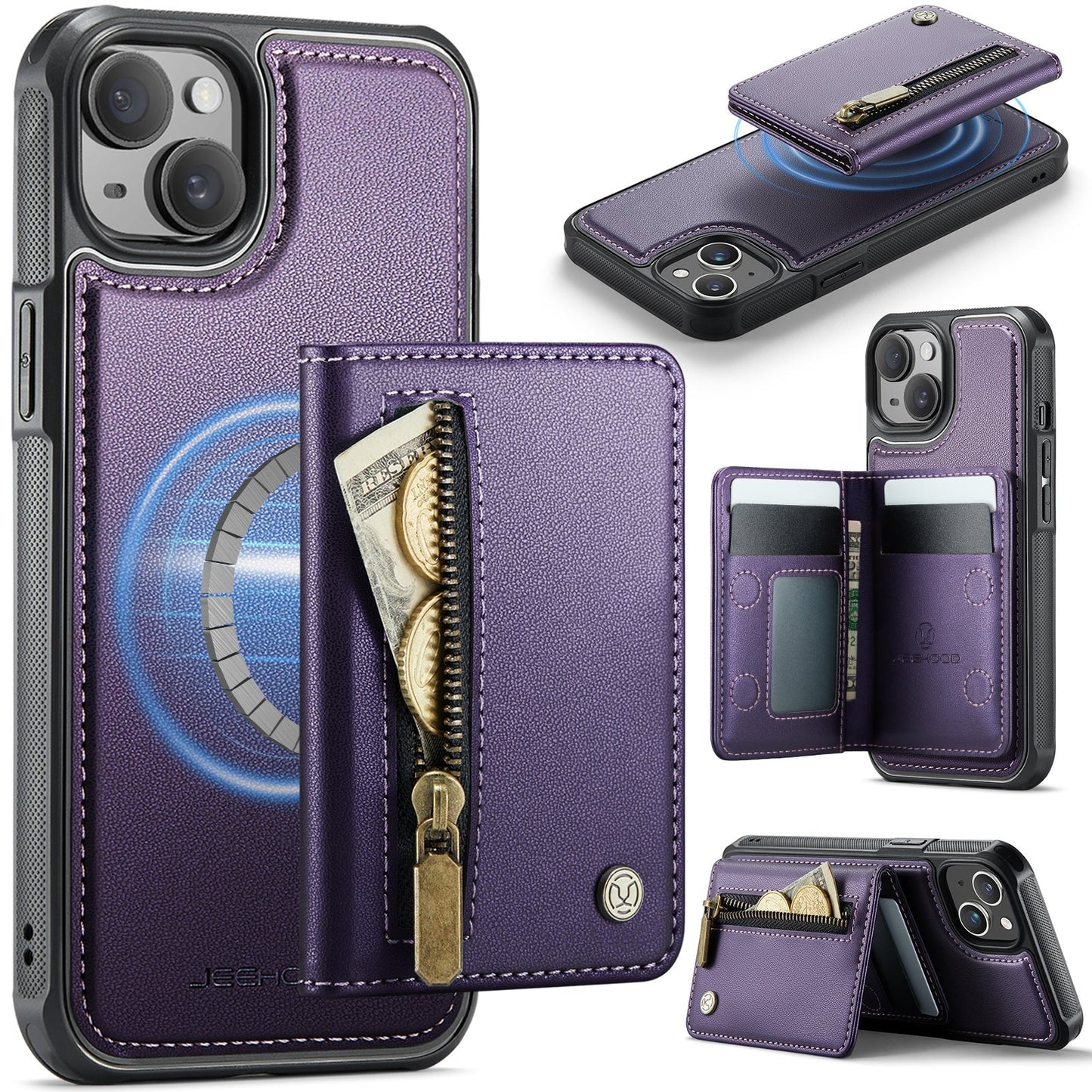 New 2-in-1 RFID Blocking Zipper Wallet Leather Phone Case for iPhone 13
