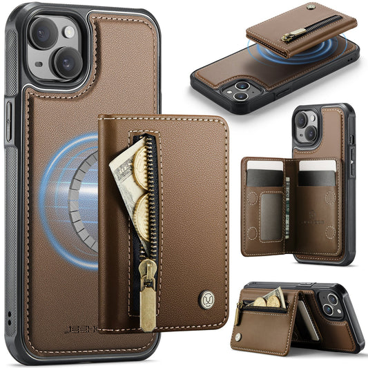 New 2-in-1 RFID Blocking Zipper Wallet Leather Phone Case for iPhone 15 Plus
