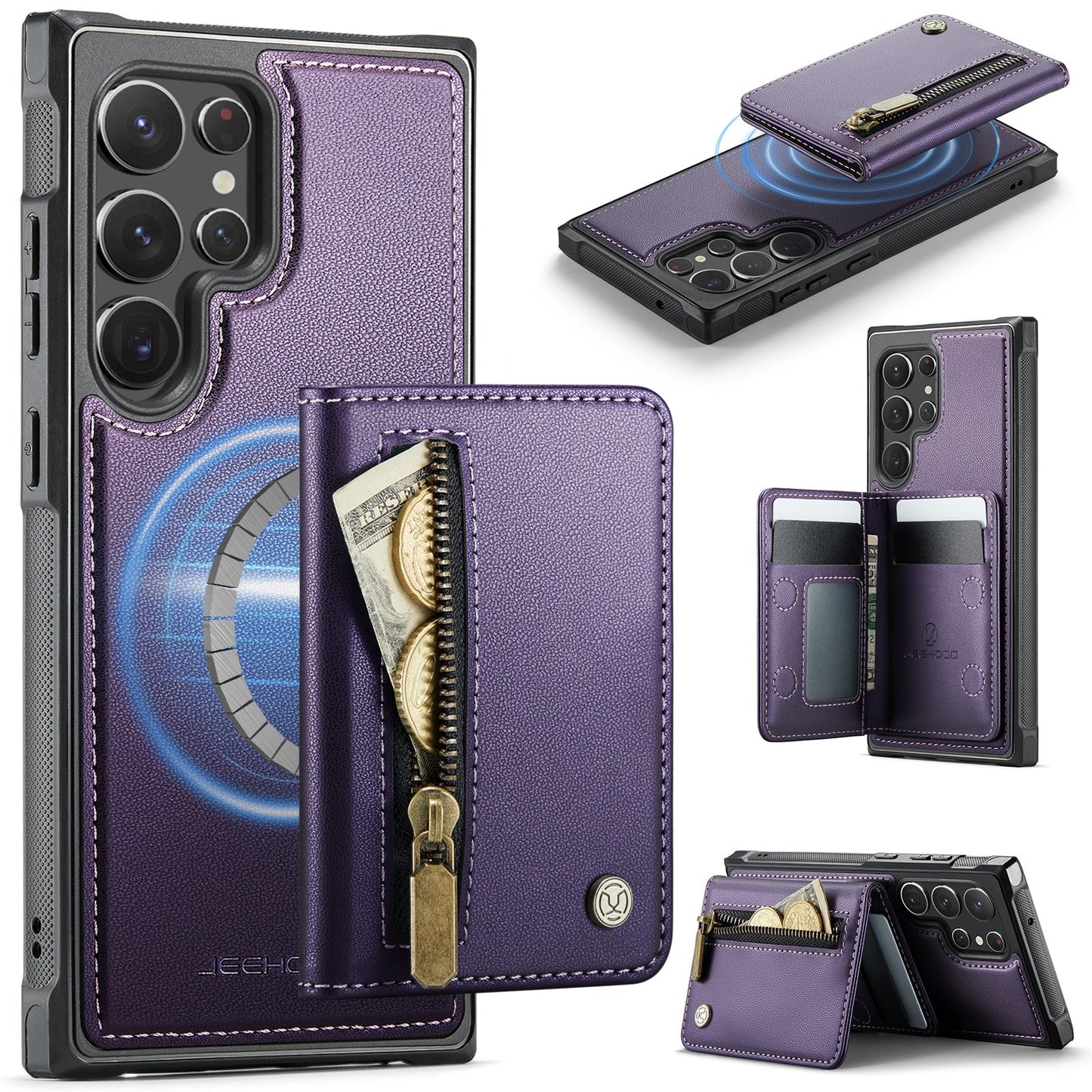 New 2-in-1 RFID Blocking Zipper Wallet Leather Phone Case for Samsung Galaxy S22 Ultra