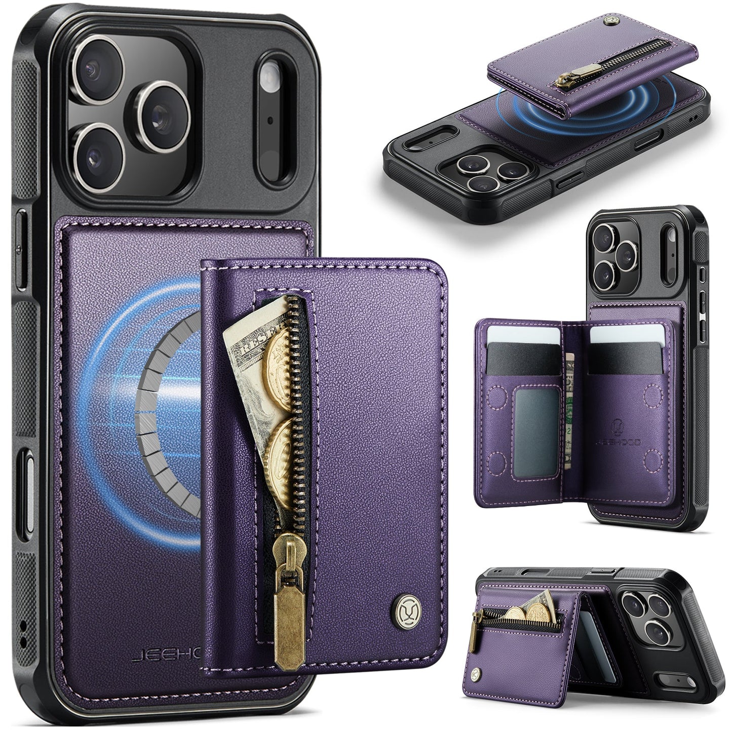 New 2-in-1 RFID Blocking Zipper Wallet Leather Phone Case for iPhone 17 Pro