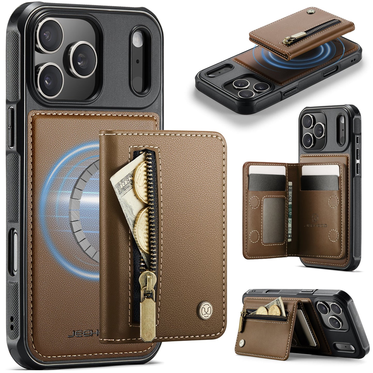 New 2-in-1 RFID Blocking Zipper Wallet Leather Phone Case for iPhone 17 Pro