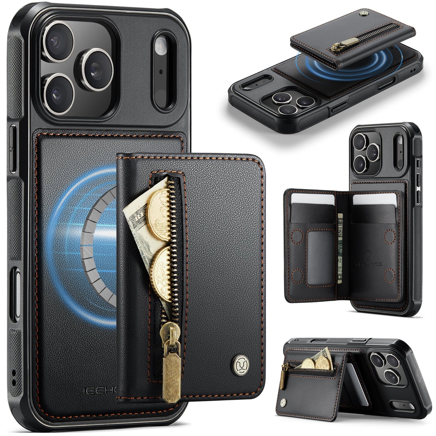 New 2-in-1 RFID Blocking Zipper Wallet Leather Phone Case for iPhone 17 Pro