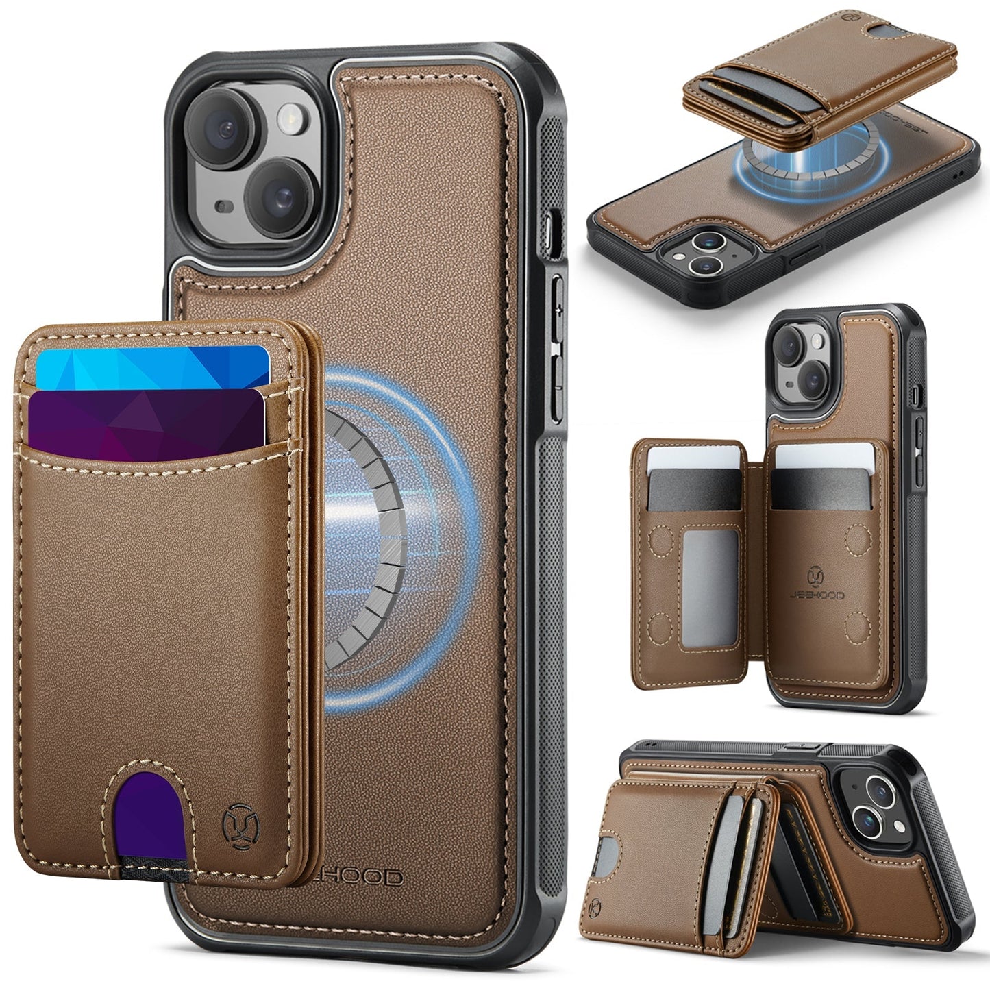 New 2-in-1 RFID Blocking Card Holder Leather Phone Case for iPhone 15