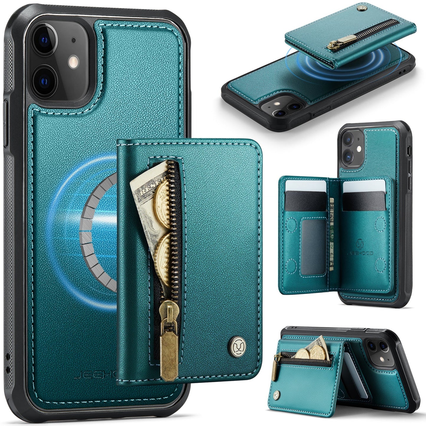 New 2-in-1 RFID Blocking Zipper Wallet Leather Phone Case for iPhone 12