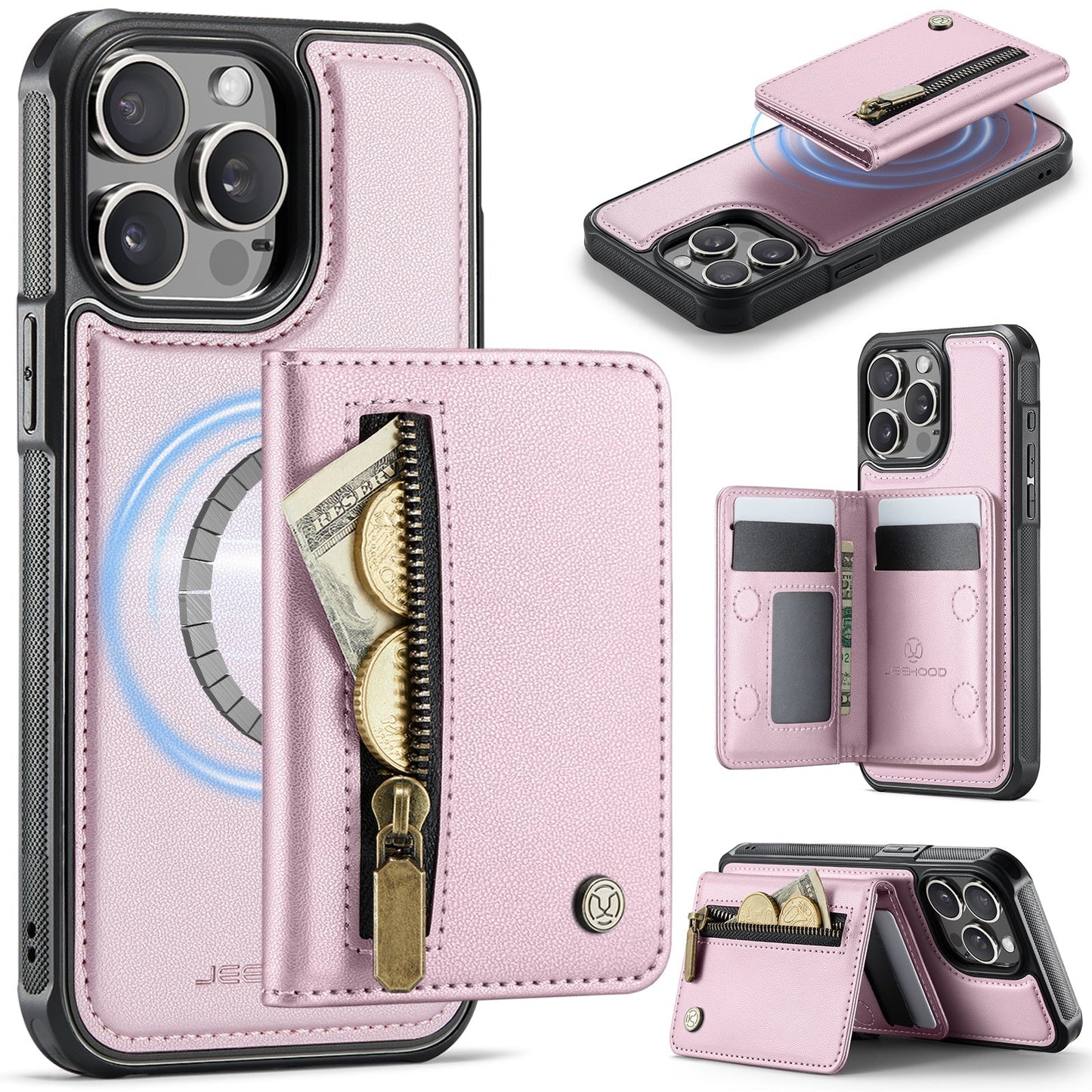 New 2-in-1 RFID Blocking Zipper Wallet Leather Phone Case for iPhone 15 Pro