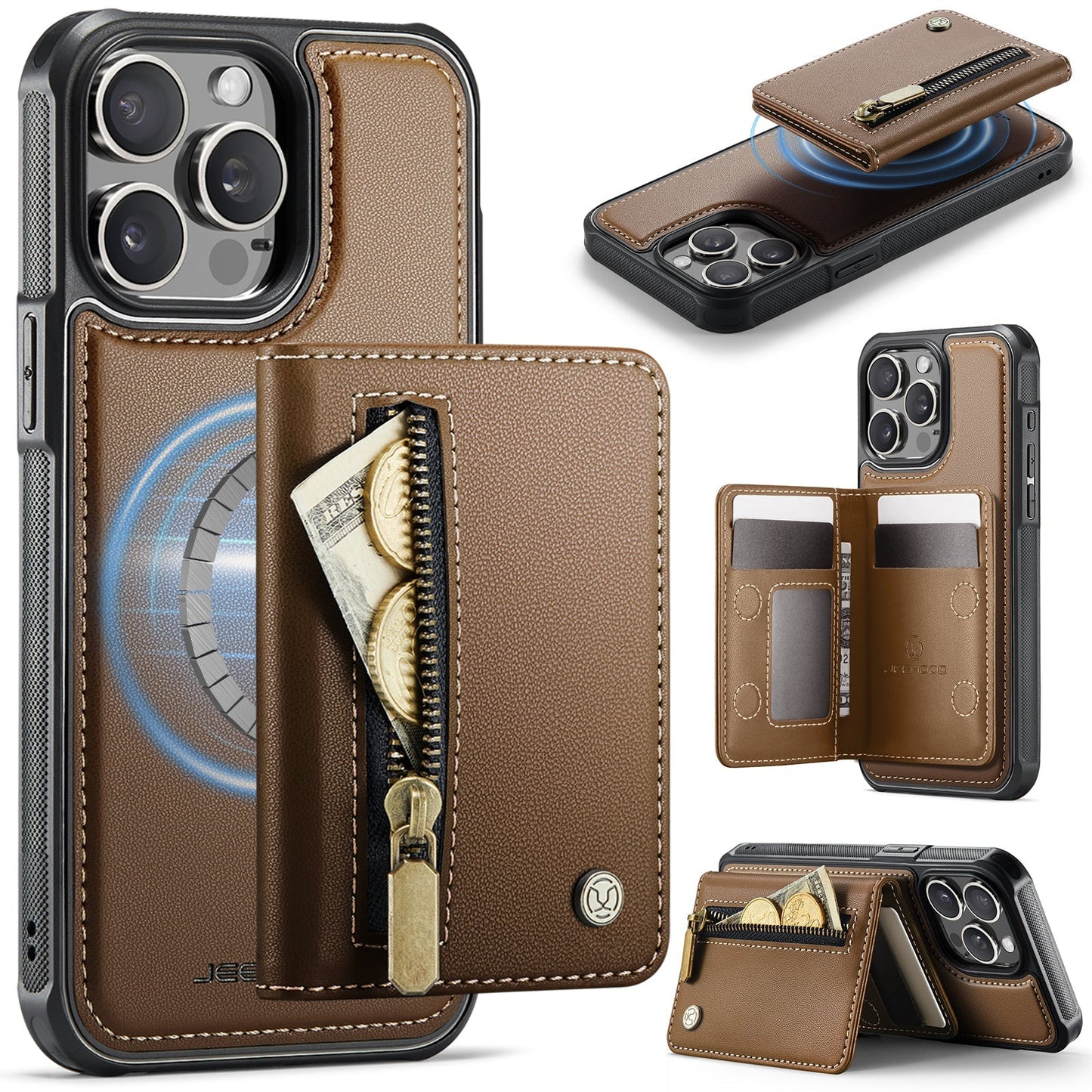 New 2-in-1 RFID Blocking Zipper Wallet Leather Phone Case for iPhone 15 Pro Max