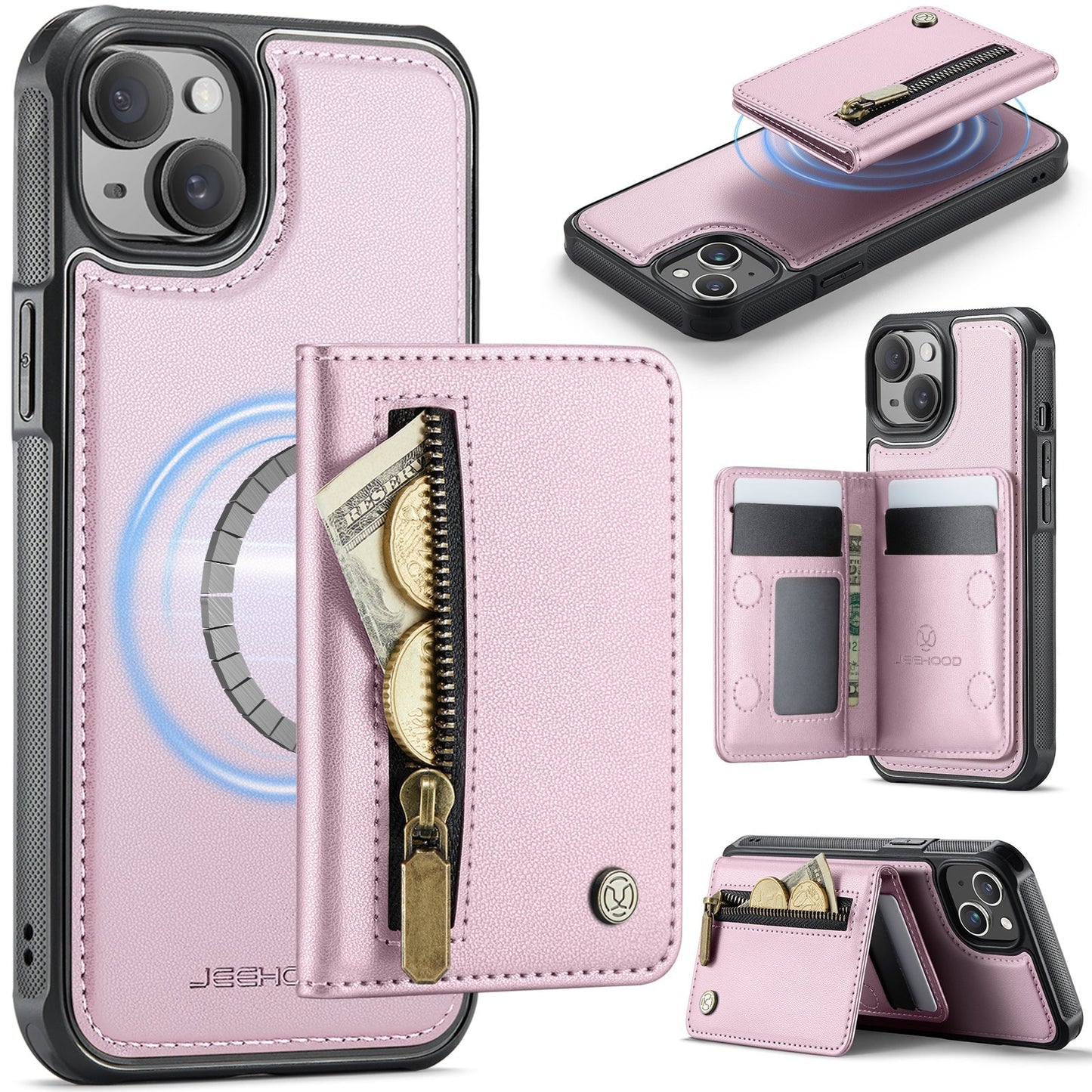 New 2-in-1 RFID Blocking Zipper Wallet Leather Phone Case for iPhone 14 Plus