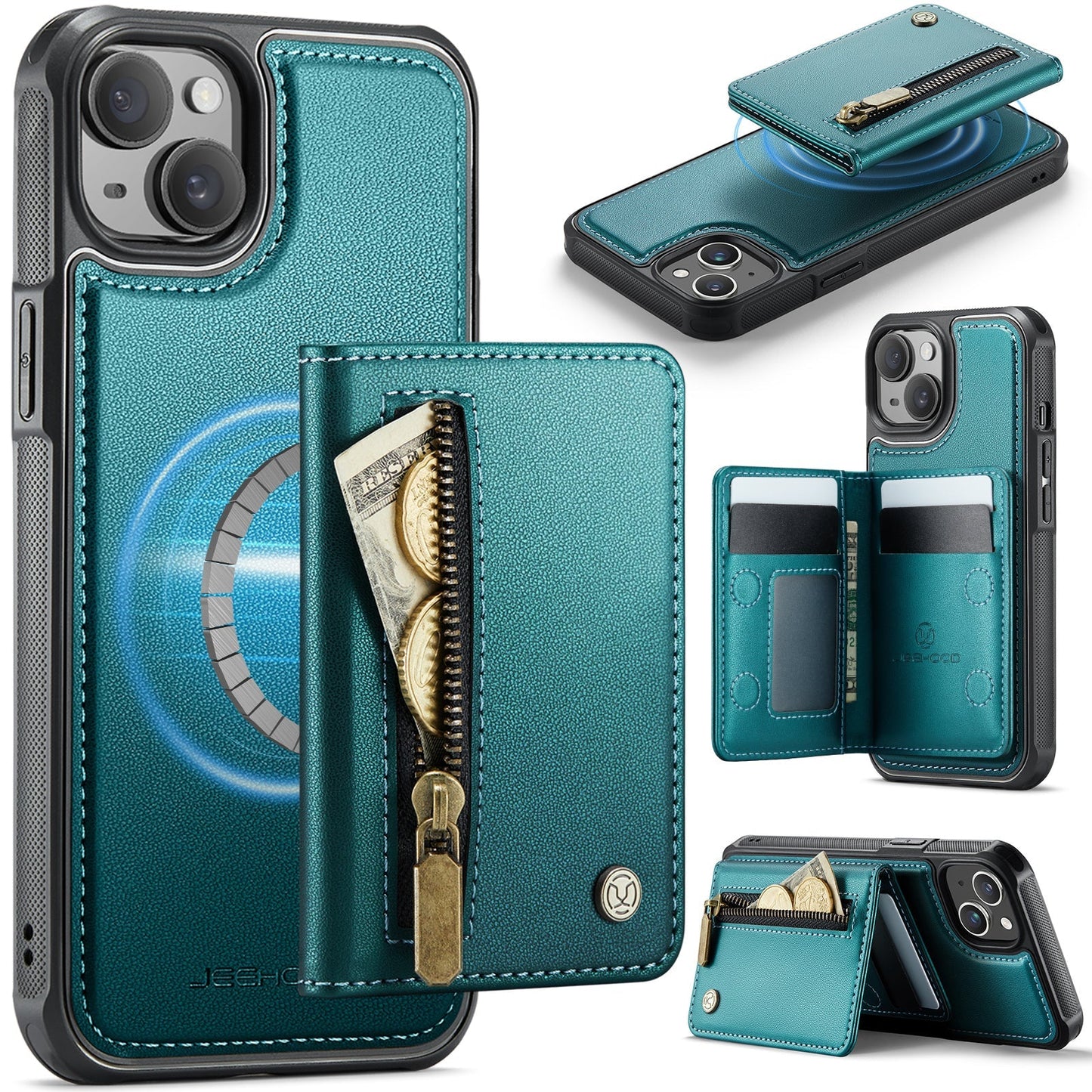 New 2-in-1 RFID Blocking Zipper Wallet Leather Phone Case for iPhone 14