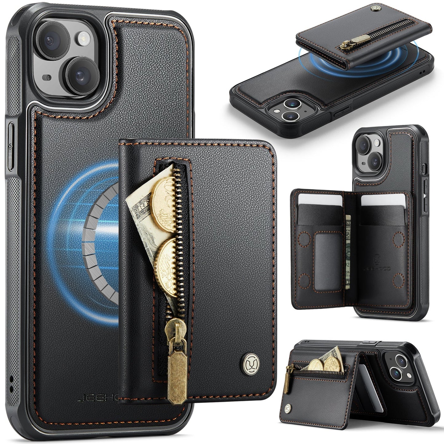 New 2-in-1 RFID Blocking Zipper Wallet Leather Phone Case for iPhone 14