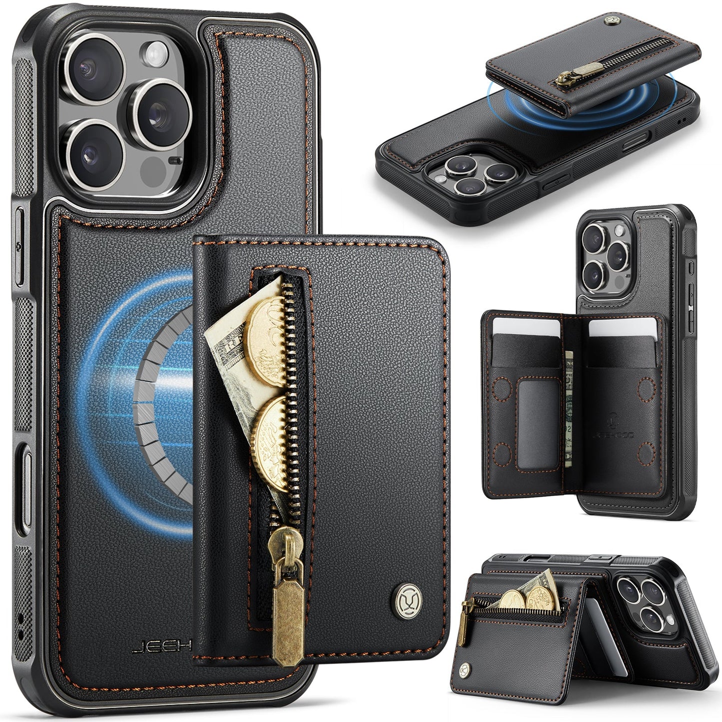 New 2-in-1 RFID Blocking Zipper Wallet Leather Phone Case for iPhone 16 Pro Max