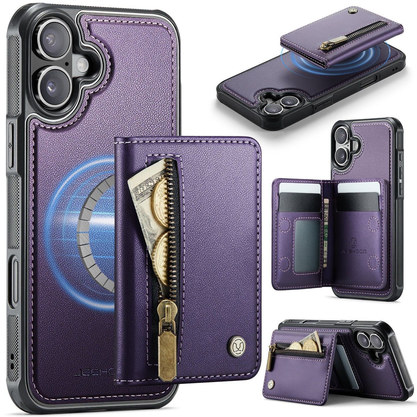 New 2-in-1 RFID Blocking Zipper Wallet Leather Phone Case for iPhone 16