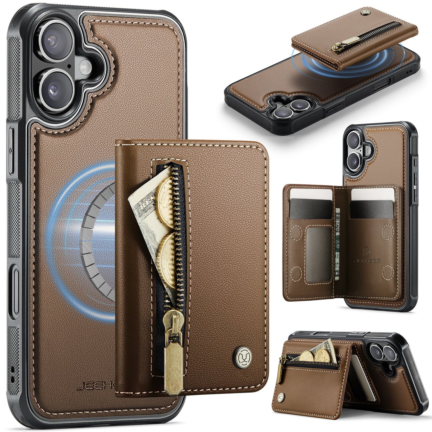 New 2-in-1 RFID Blocking Zipper Wallet Leather Phone Case for iPhone 16 Plus