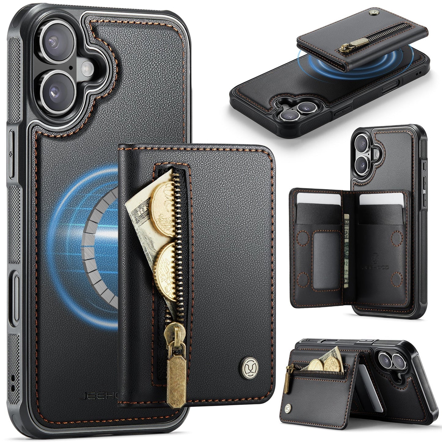New 2-in-1 RFID Blocking Zipper Wallet Leather Phone Case for iPhone 16
