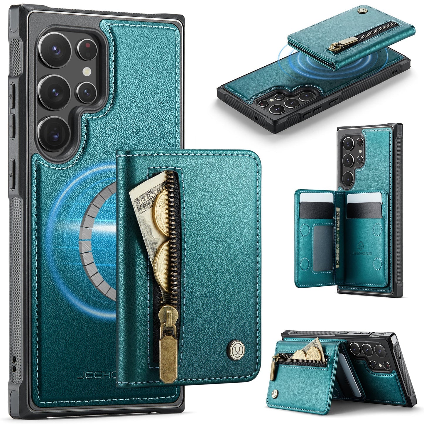 New 2-in-1 RFID Blocking Zipper Wallet Leather Phone Case for Samsung Galaxy S22 Ultra
