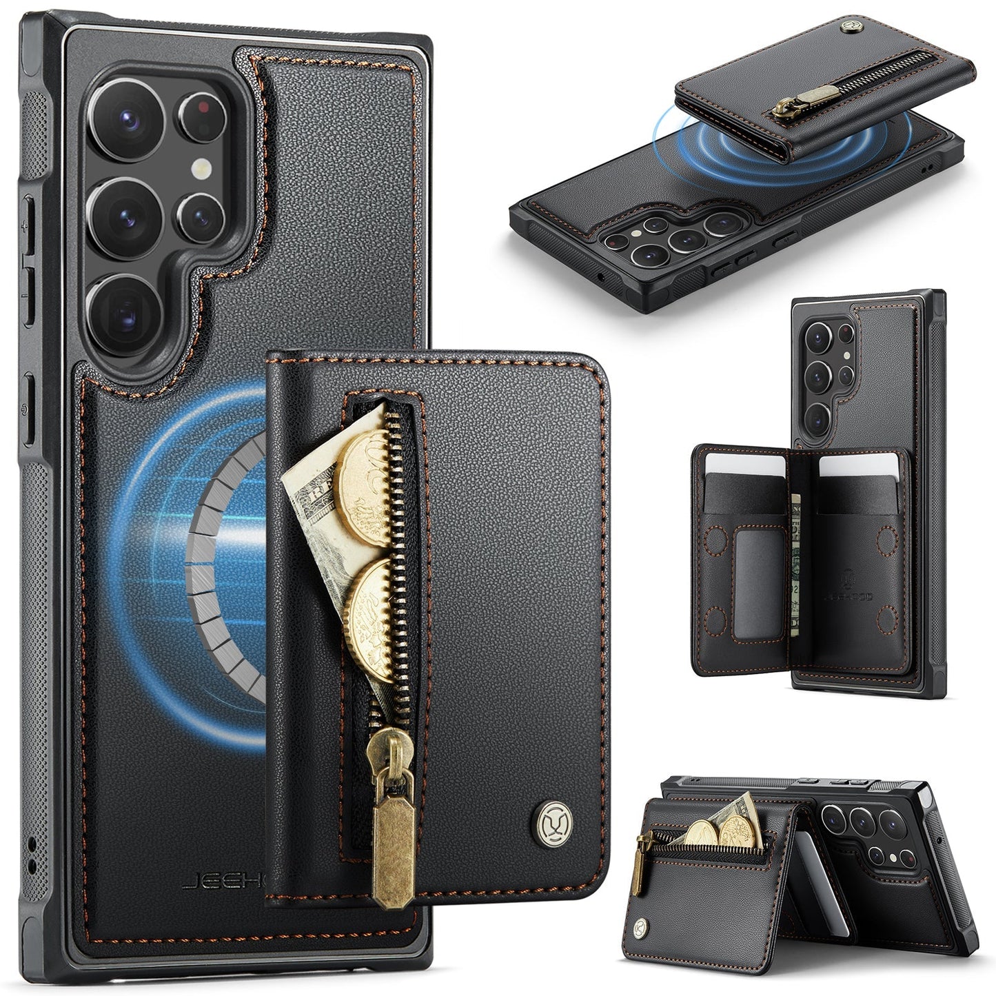 New 2-in-1 RFID Blocking Zipper Wallet Leather Phone Case for Samsung Galaxy S22 Ultra