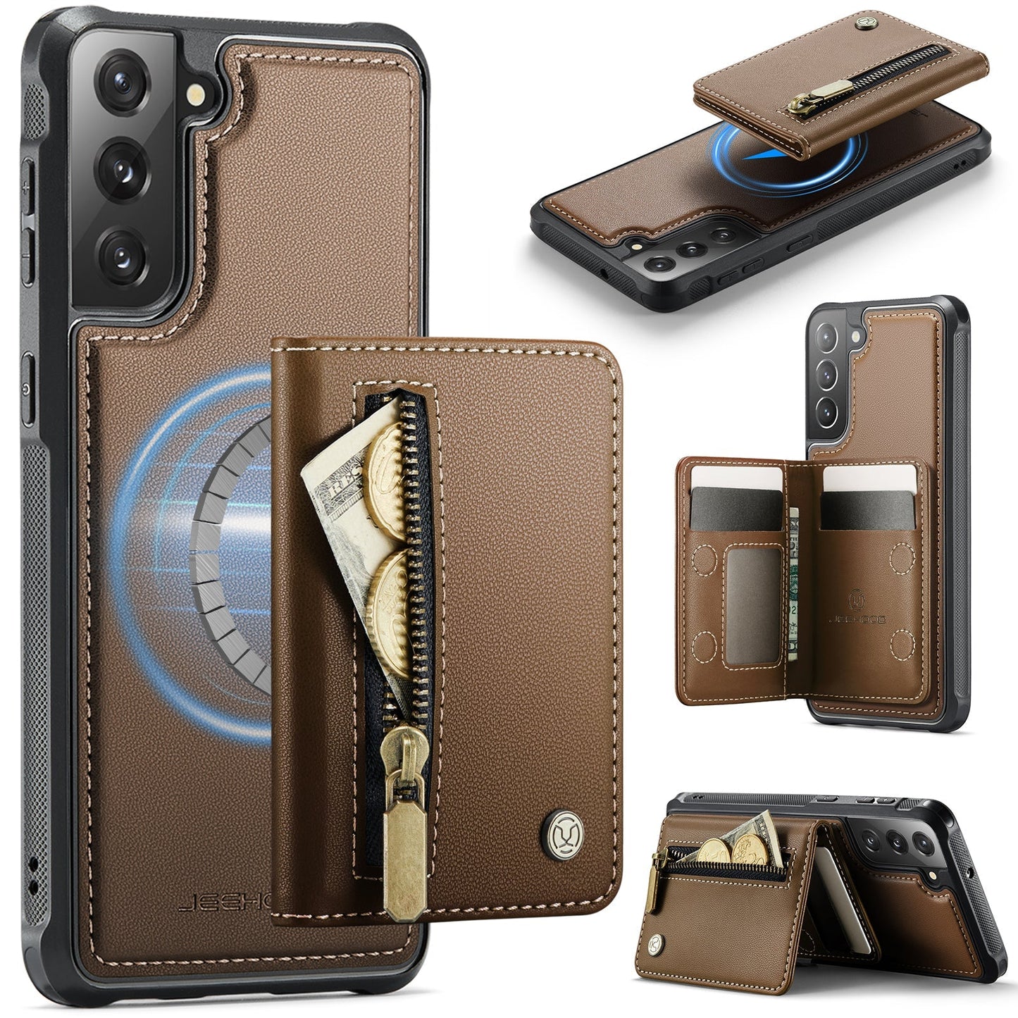 New 2-in-1 RFID Blocking Zipper Wallet Leather Phone Case for Samsung Galaxy S22