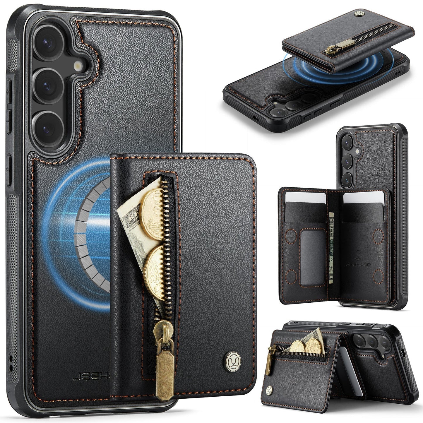 New 2-in-1 RFID Blocking Zipper Wallet Leather Phone Case for Samsung Galaxy S24+